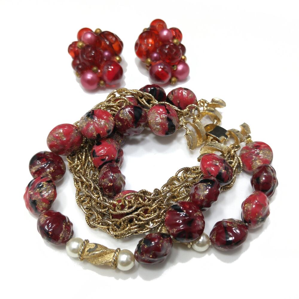 Kramer Red Thermoset Beaded Bracelet & Earrings 22K Gold Plated Bracelet Vintage